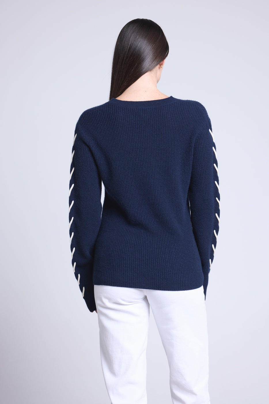 Pull Col Rond Lacets Manches Marta - Bleu Marine Et Blanc - Femme
