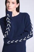 Pull Col Rond Lacets Manches Marta - Bleu Marine Et Blanc - Femme