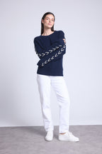 Pull Col Rond Lacets Manches Marta - Bleu Marine Et Blanc - Femme