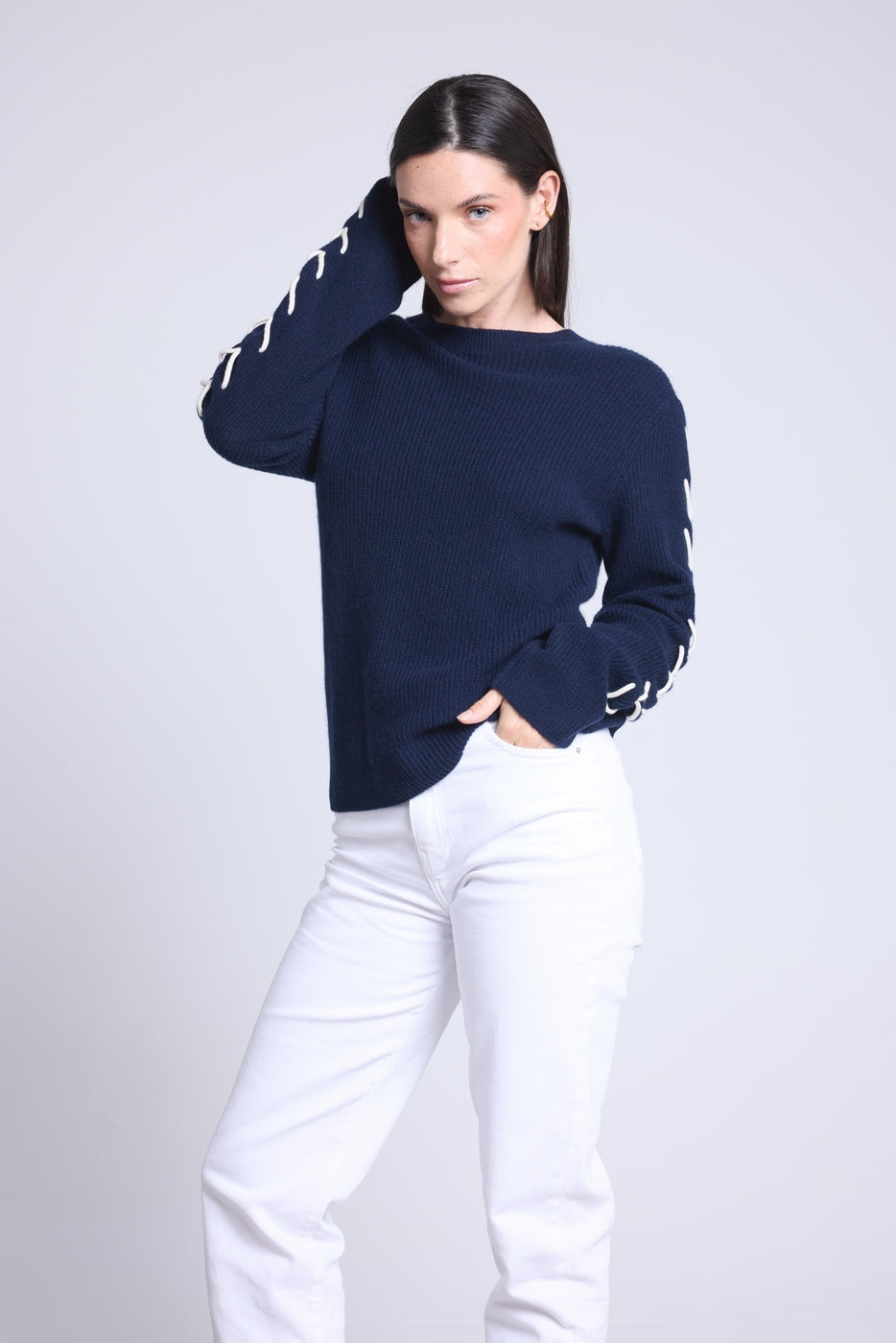 Pull Col Rond Lacets Manches Marta - Bleu Marine Et Blanc - Femme