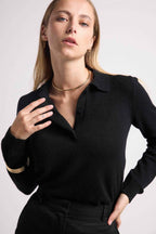 Maxine Polo Neck Jumper with Buttons - Black