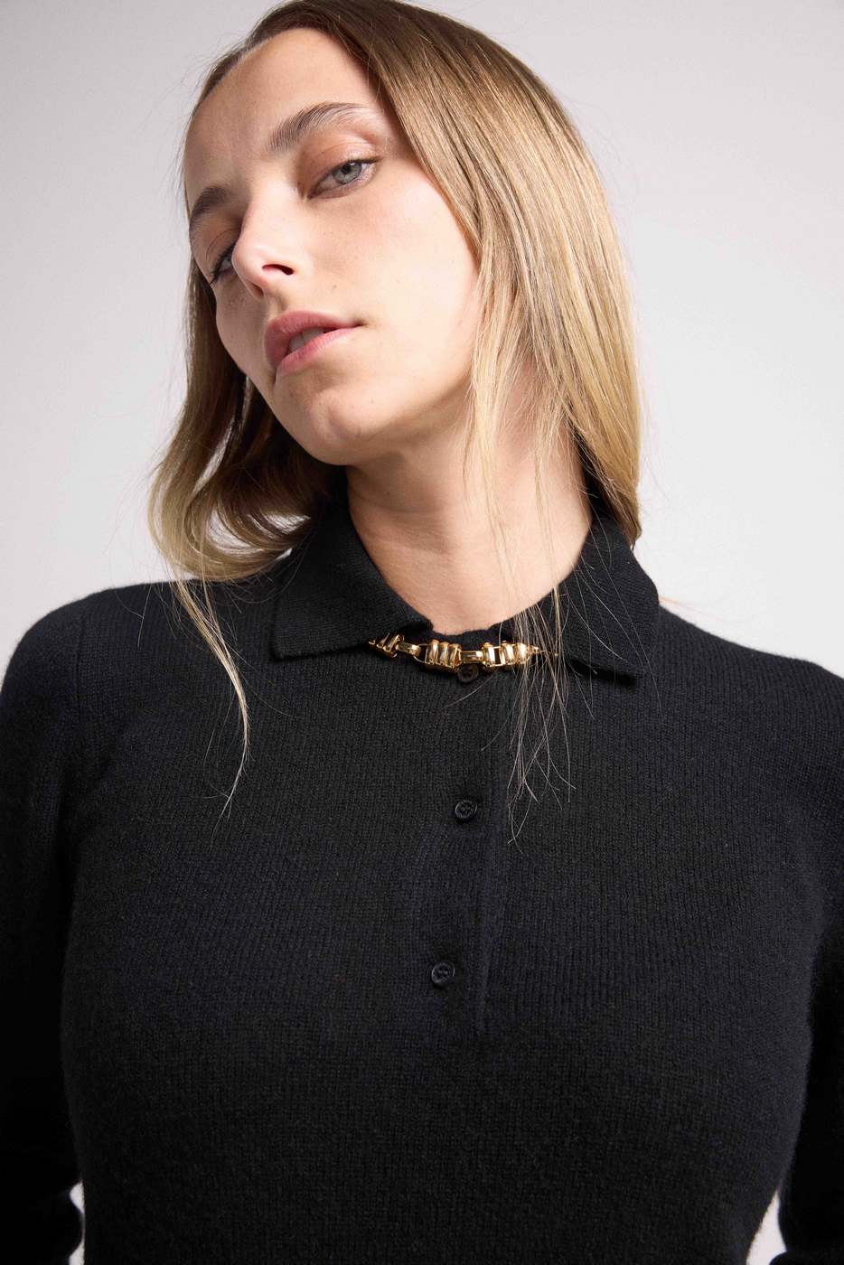 Maxine polostriktrøje med knapper - Sort - Dame