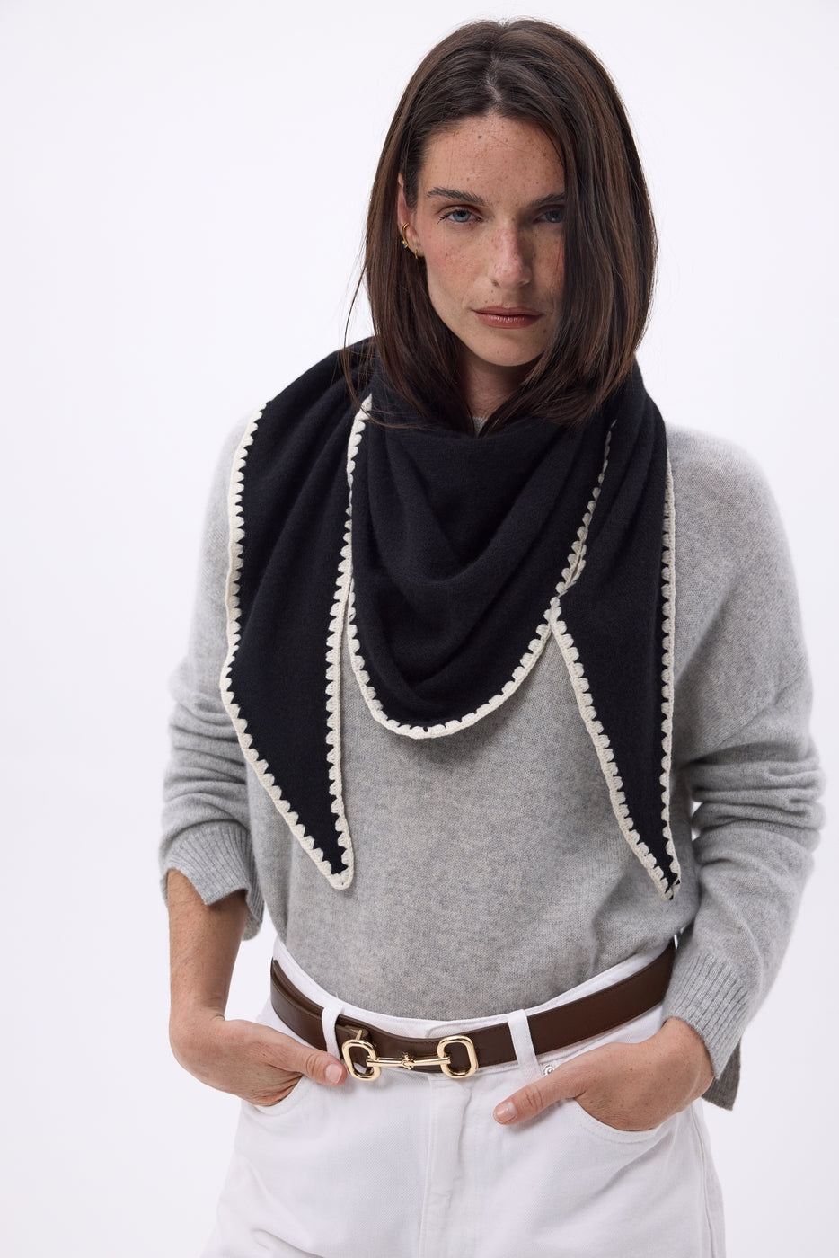 Echarpe Bandana Oversize Triangle À Surpiqures Maya - Noir Blanc - Femme