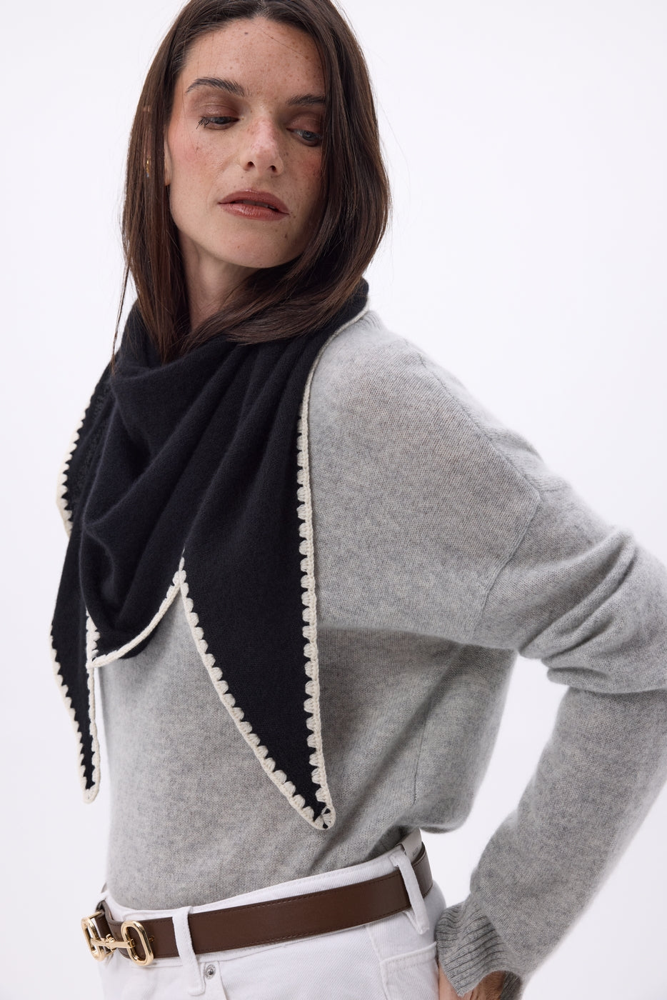 Echarpe Bandana Oversize Triangle À Surpiqures Maya - Noir Blanc - Femme