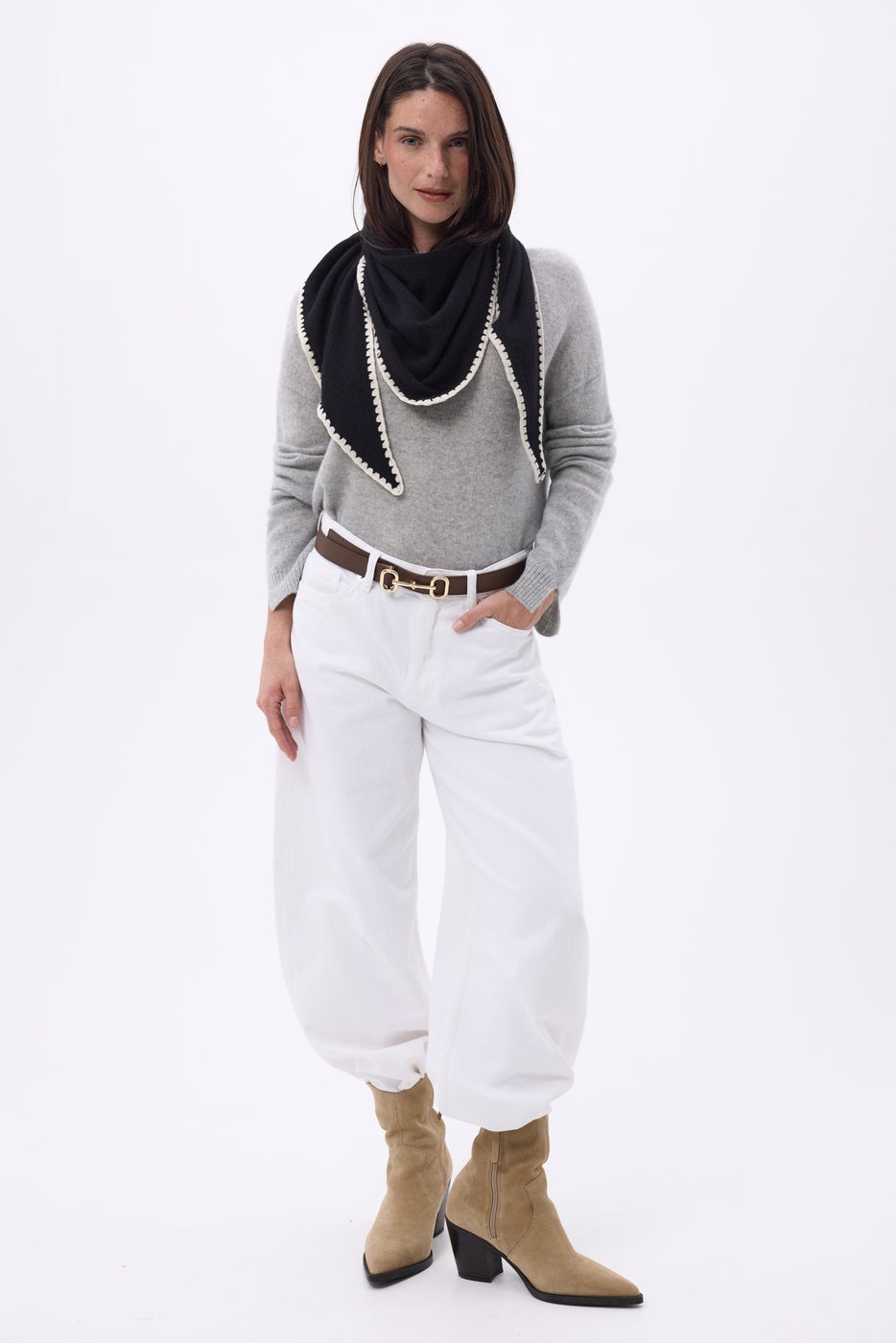 Echarpe Bandana Oversize Triangle À Surpiqures Maya - Noir Blanc - Femme