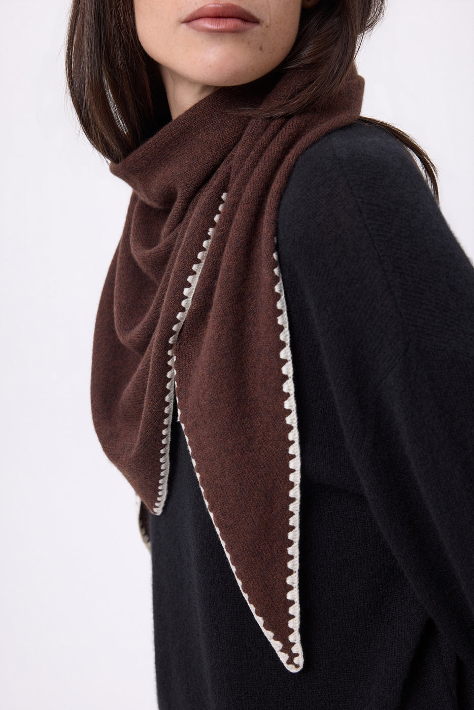Oversized Topstitched Triangle Bandana Scarf Maya - Brown White - Women