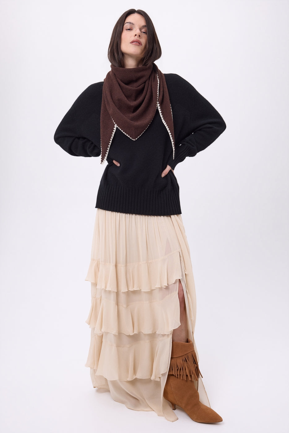 Oversized Topstitched Triangle Bandana Scarf Maya - Brown White - Women