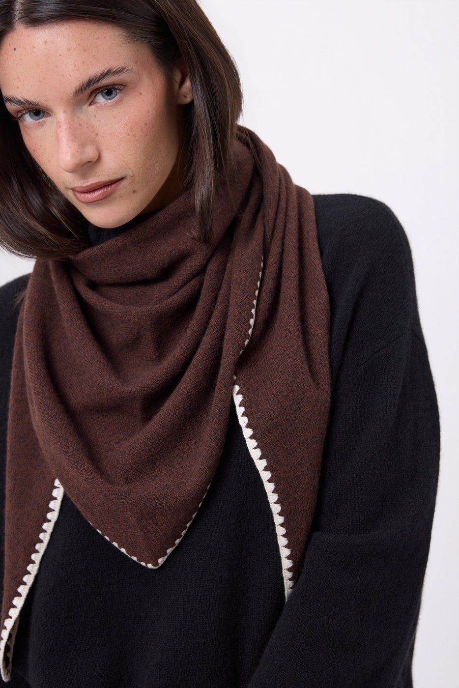 Oversized Topstitched Triangle Bandana Scarf Maya - Brown White - Women