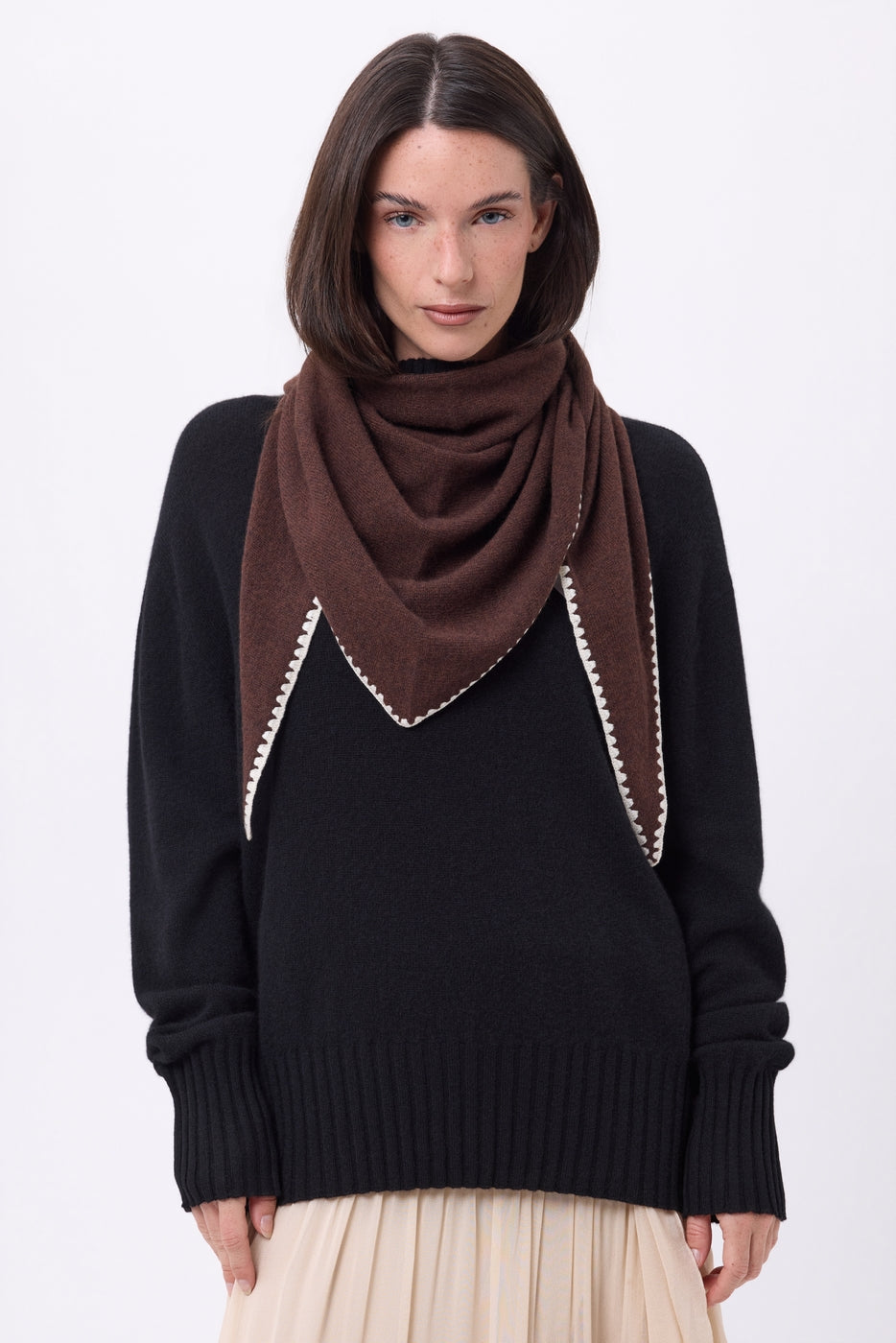 Oversized Topstitched Triangle Bandana Scarf Maya - Brown White - Women
