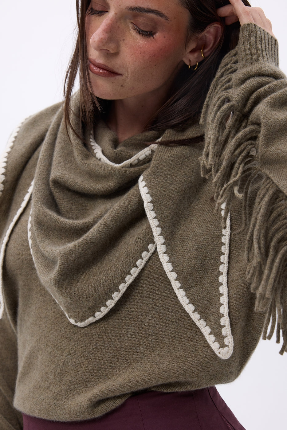 Maya Oversized Triangle Topstitched Bandana Scarf - Mottled Khaki White - Women