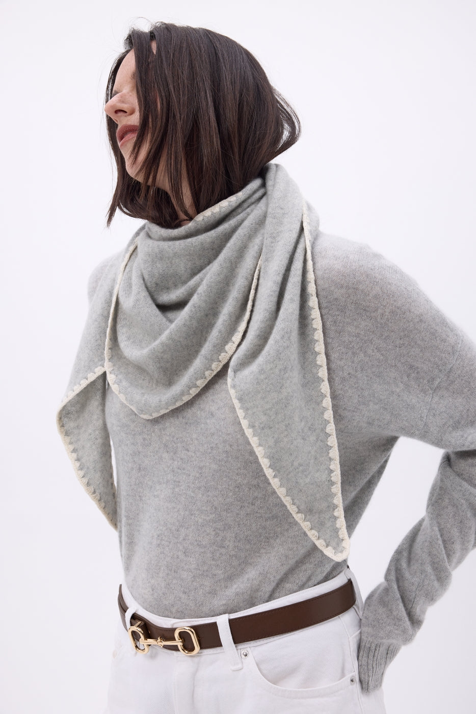 Echarpe Bandana Oversize Triangle À Surpiqures Maya - Gris Blanc - Femme