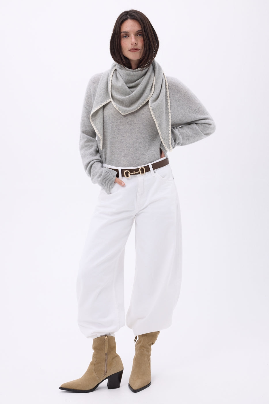 Echarpe Bandana Oversize Triangle À Surpiqures Maya - Gris Blanc - Femme - 100% Cachemire