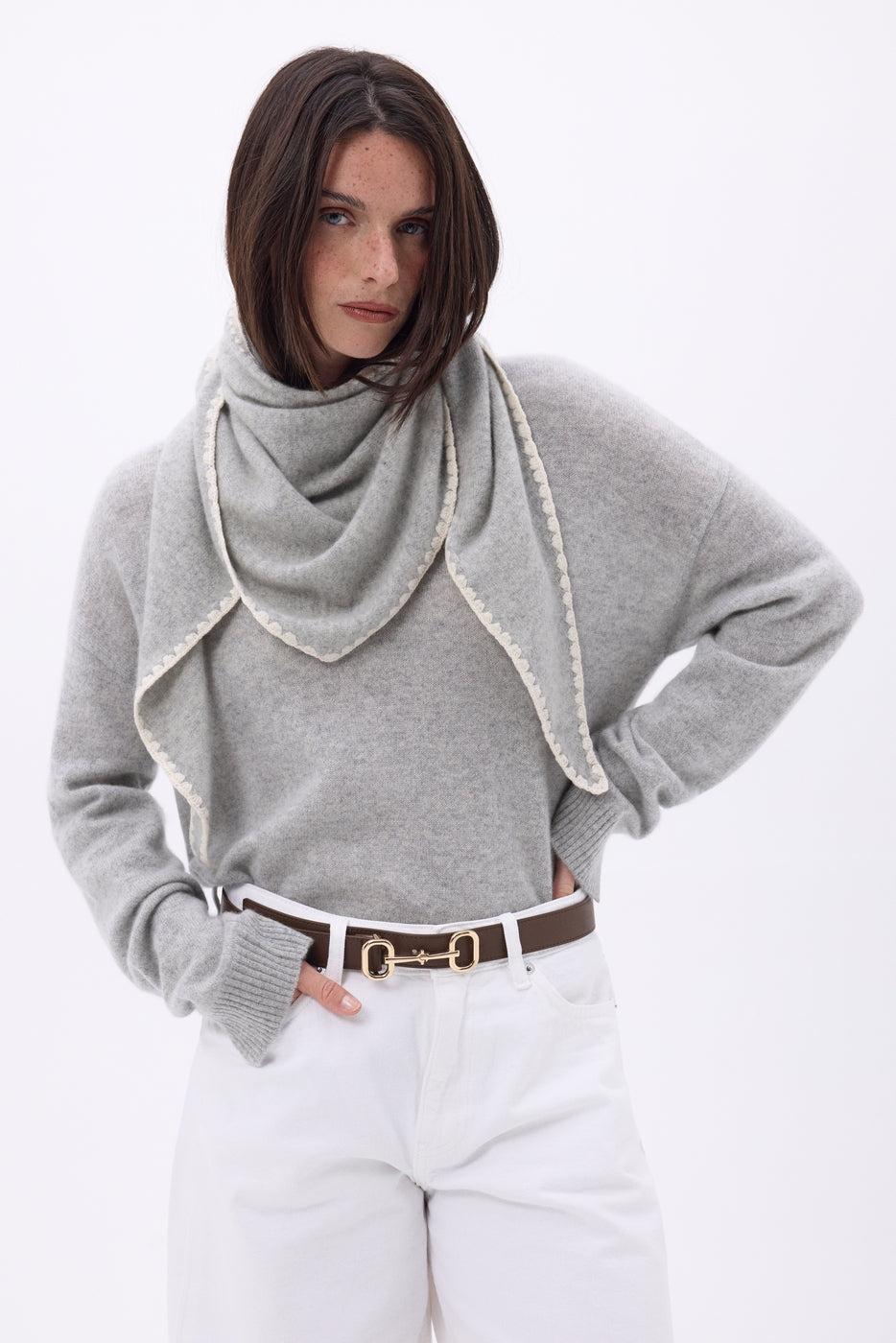 Echarpe Bandana Oversize Triangle À Surpiqures Maya - Gris Blanc - Femme