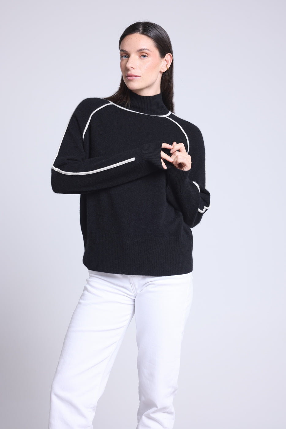 Pull Col Montant Contraste Megan - Noir Et Blanc - Femme