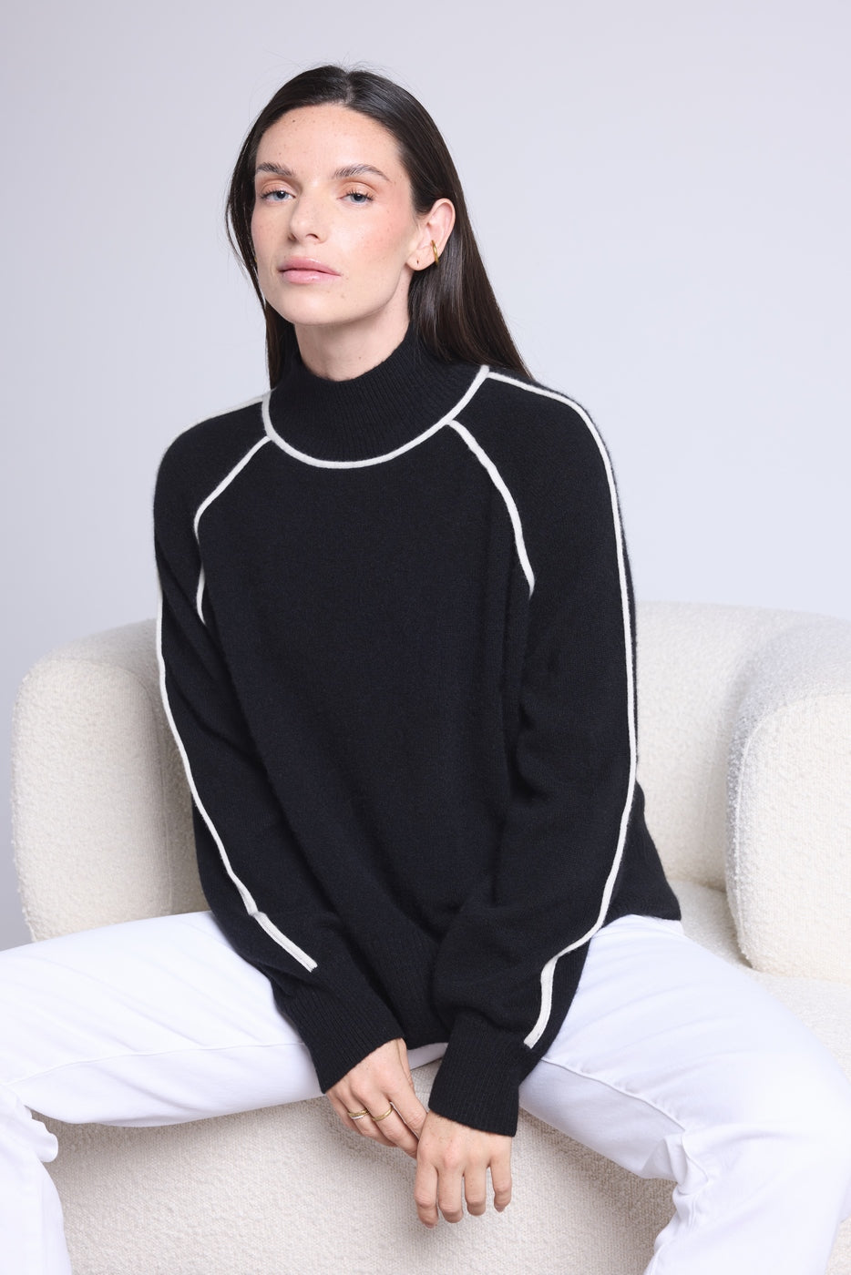 Pull Col Montant Contraste Megan - Noir Et Blanc - Femme