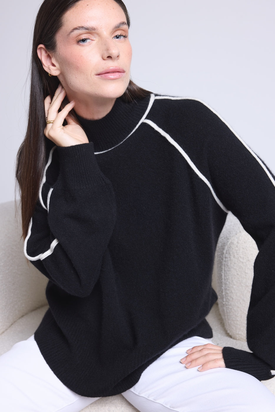 Pull Col Montant Contraste Megan - Noir Et Blanc - Femme