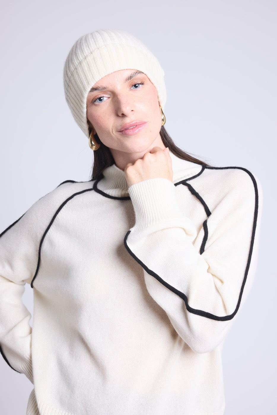 Pull Col Montant Contraste Megan - Blanc Et Noir - Femme