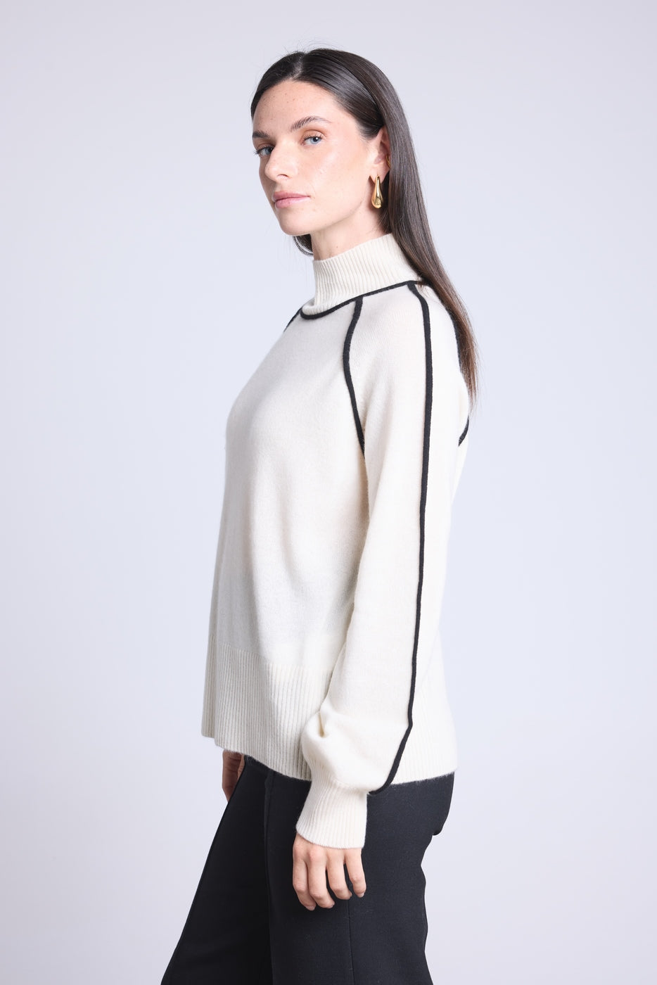 Pull Col Montant Contraste Megan - Blanc Et Noir - Femme