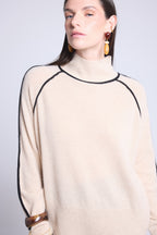 Jersey de cuello alto en contraste Megan - Beige crema y negro - Mujer