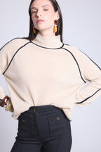 Jersey de cuello alto en contraste Megan - Beige crema y negro - Mujer