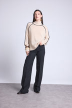 Jersey de cuello alto en contraste Megan - Beige crema y negro - Mujer