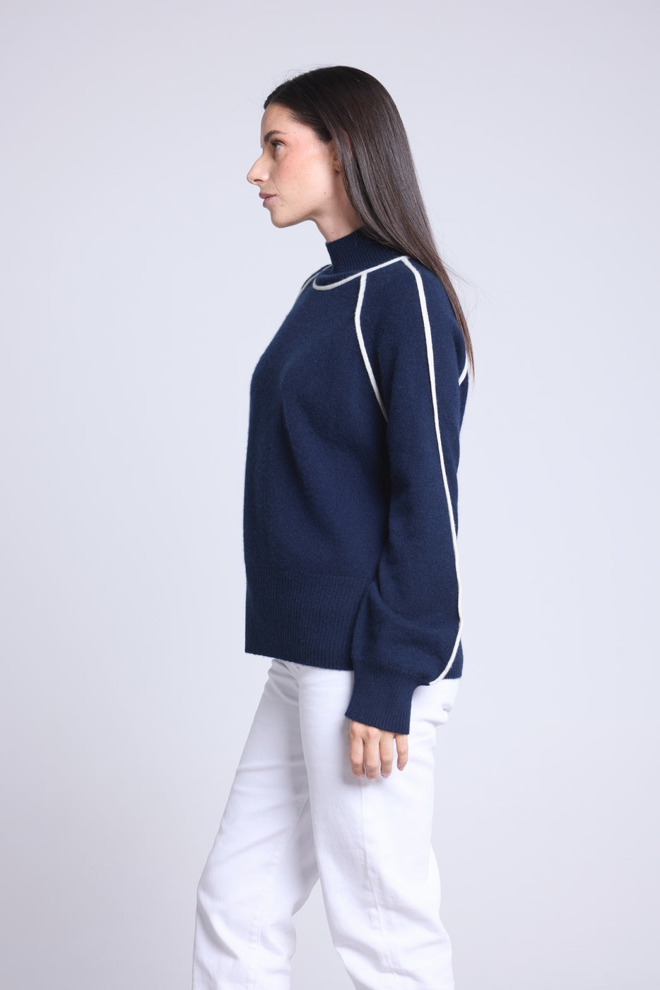 Pull Col Montant Contraste Megan - Bleu Marine Et Blanc - Femme