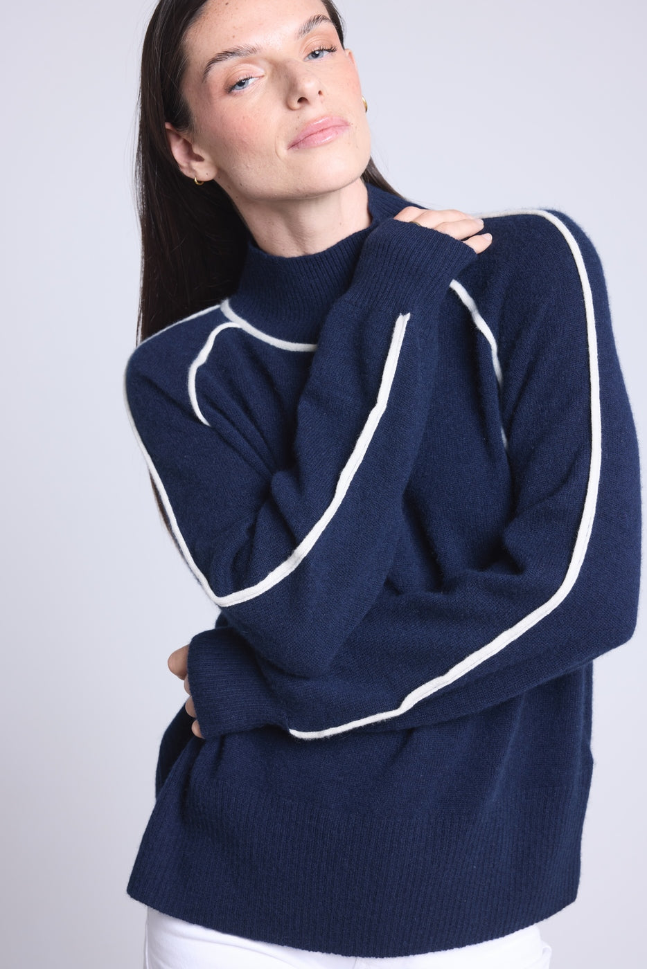 Pull Col Montant Contraste Megan - Bleu Marine Et Blanc - Femme