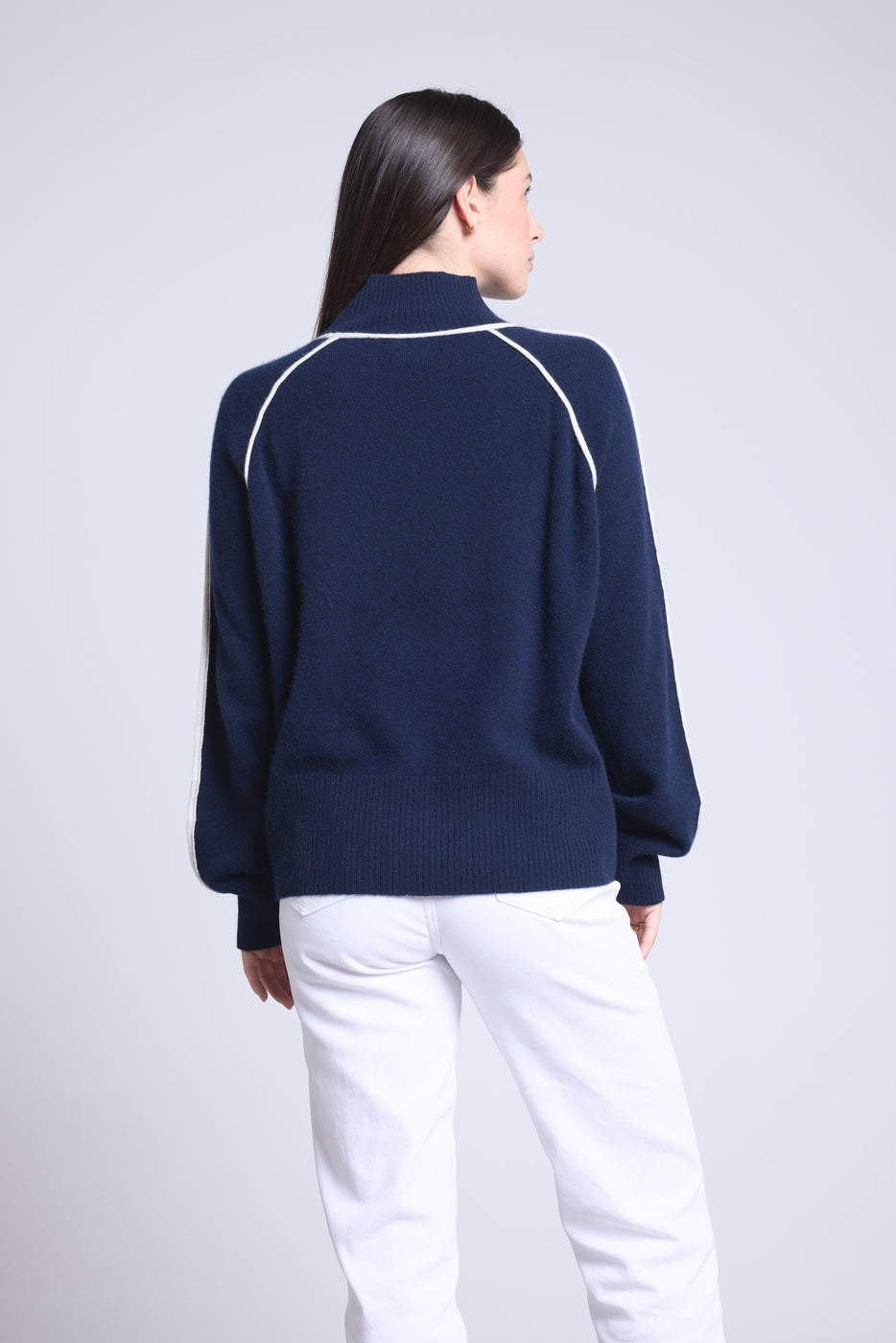 Pull Col Montant Contraste Megan - Bleu Marine Et Blanc - Femme