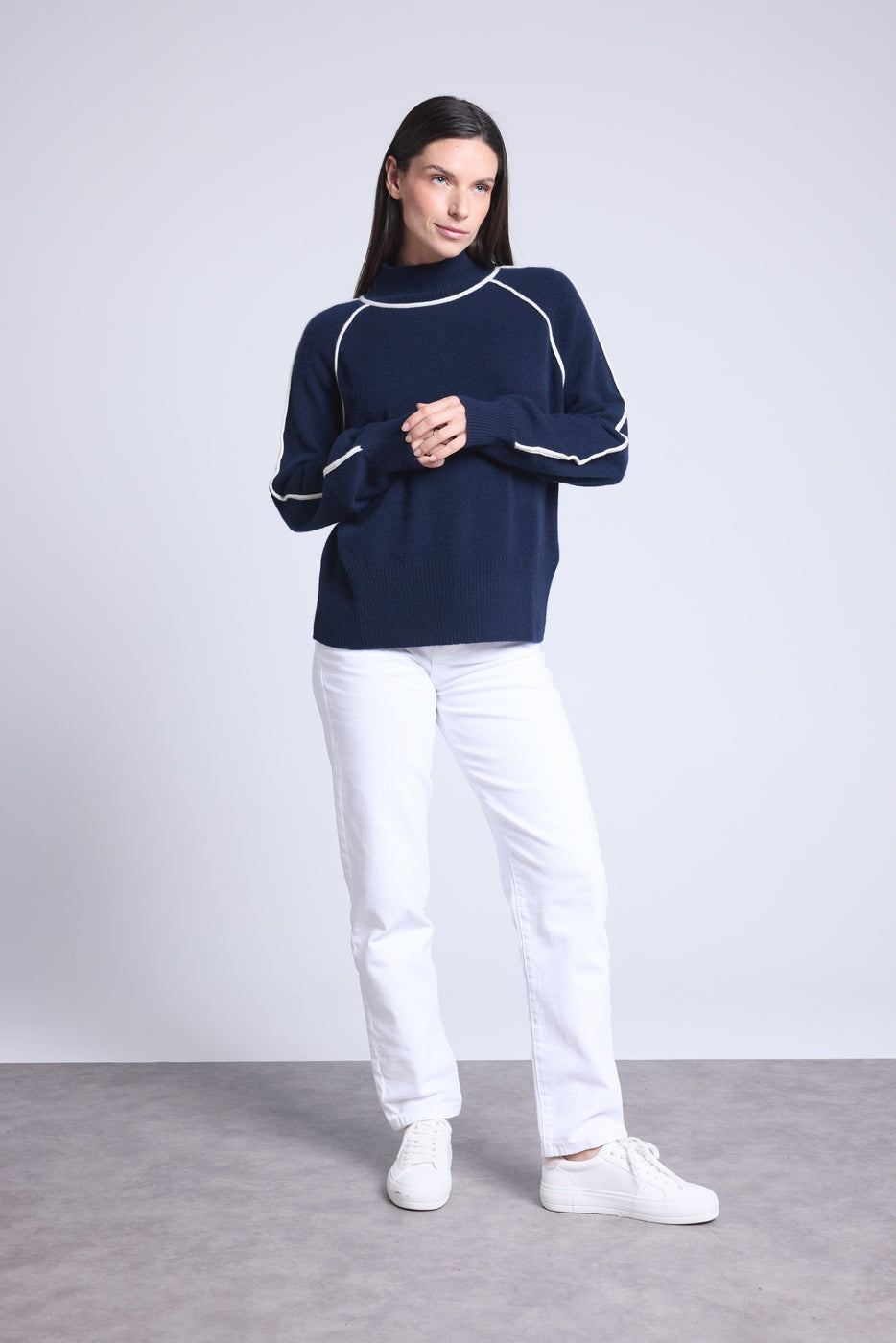Pull Col Montant Contraste Megan - Bleu Marine Et Blanc - Femme