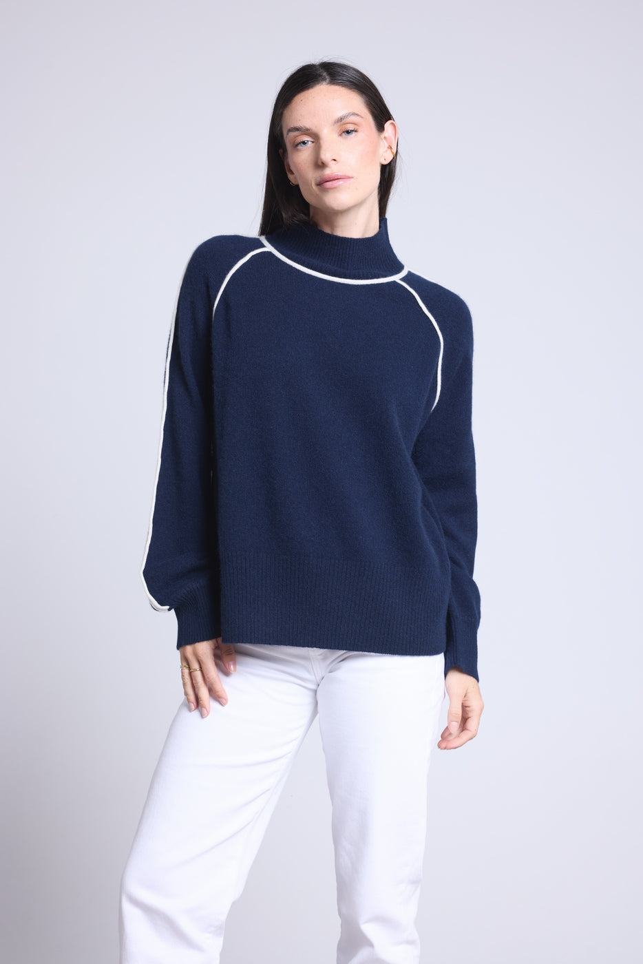 Pull Col Montant Contraste Megan - Bleu Marine Et Blanc - Femme