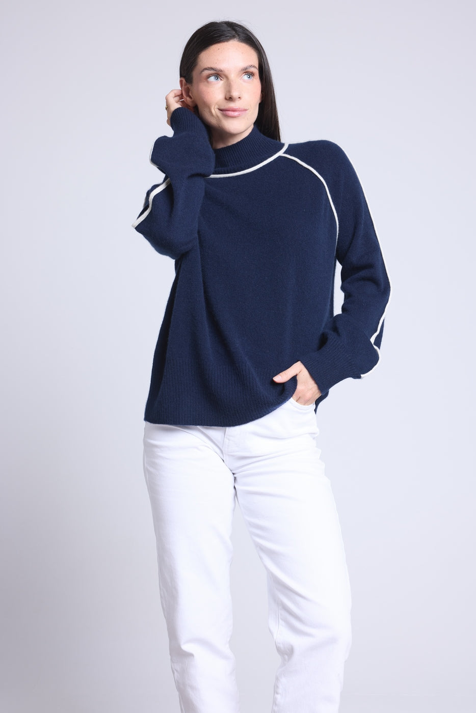 Pull Col Montant Contraste Megan - Bleu Marine Et Blanc - Femme