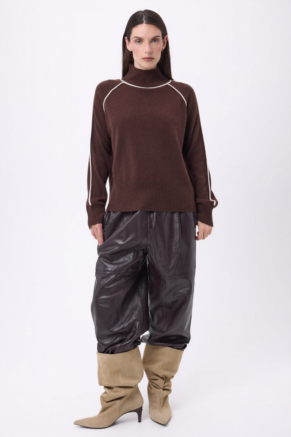 Pull Col Montant Contraste Megan - Marron Chocolat Blanc - Femme