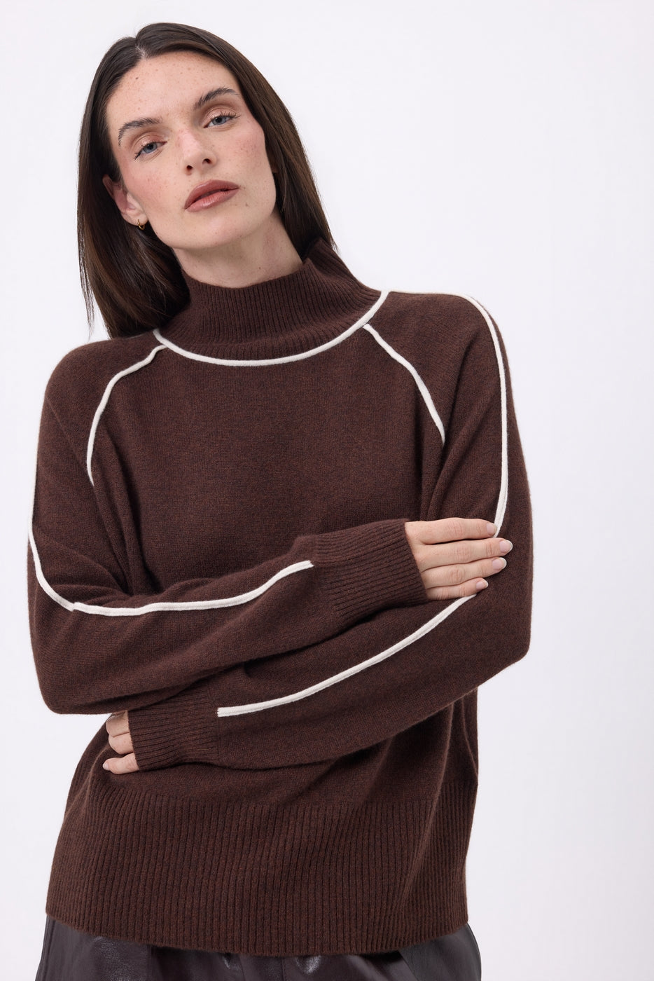 Pull Col Montant Contraste Megan - Marron Chocolat Blanc - Femme