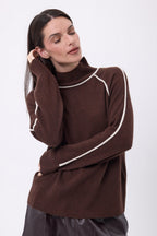 Pull Col Montant Contraste Megan - Marron Chocolat Blanc - Femme