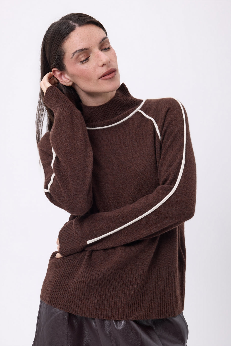 Pull Col Montant Contraste Megan - Marron Chocolat Blanc - Femme