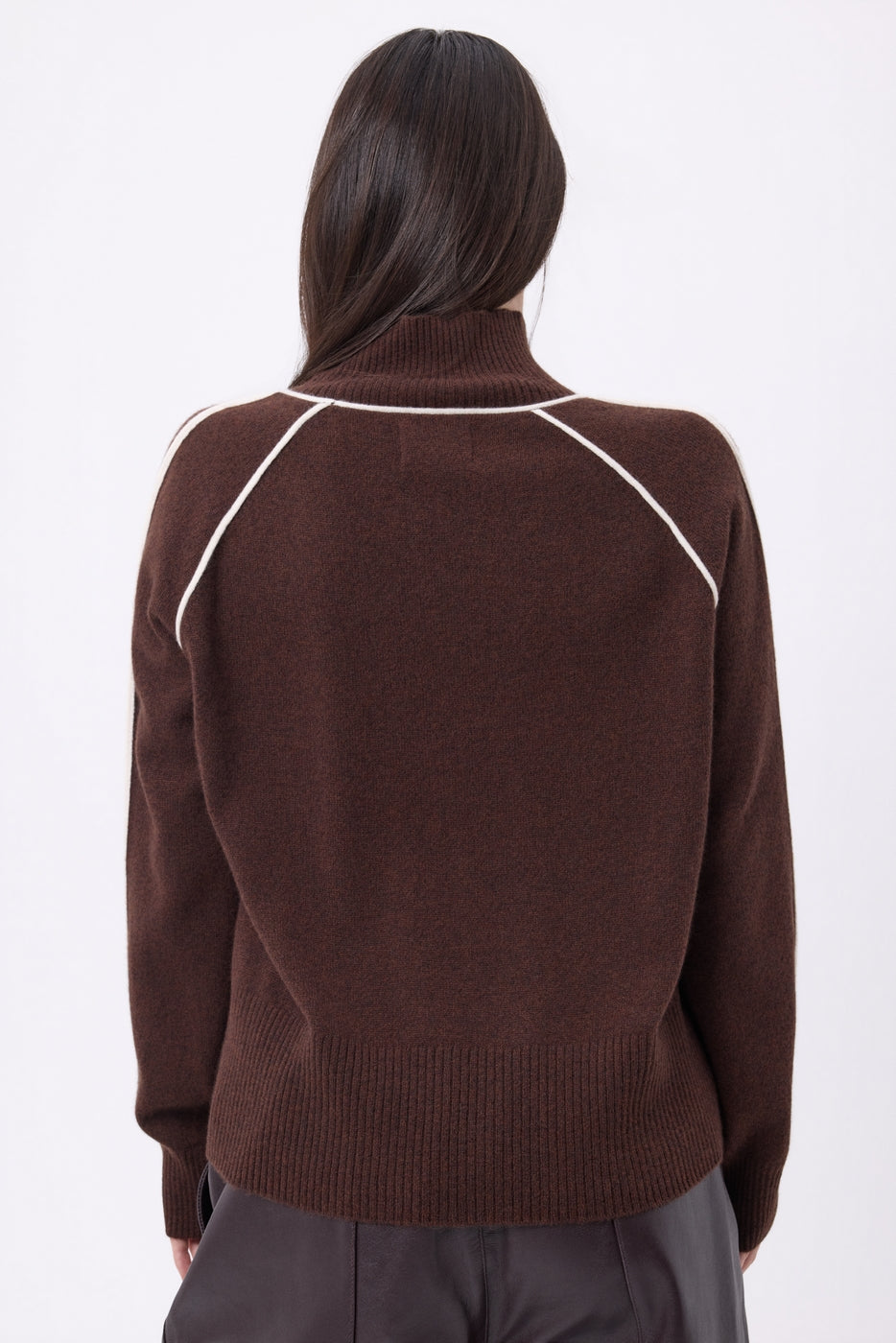 Pull Col Montant Contraste Megan - Marron Chocolat Blanc - Femme