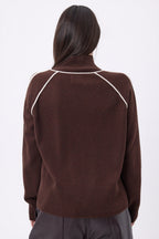 Pull Col Montant Contraste Megan - Marron Chocolat Blanc - Femme