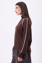 Pull Col Montant Contraste Megan - Marron Chocolat Blanc - Femme