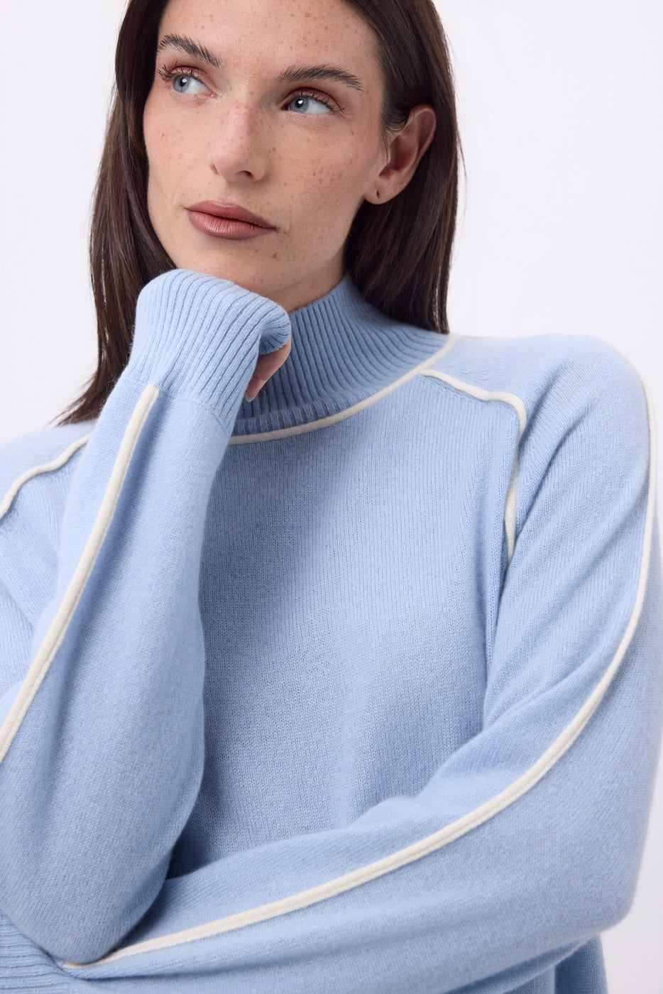 Megan Contrast High-Neck Jumper - Sky Blue White - Women