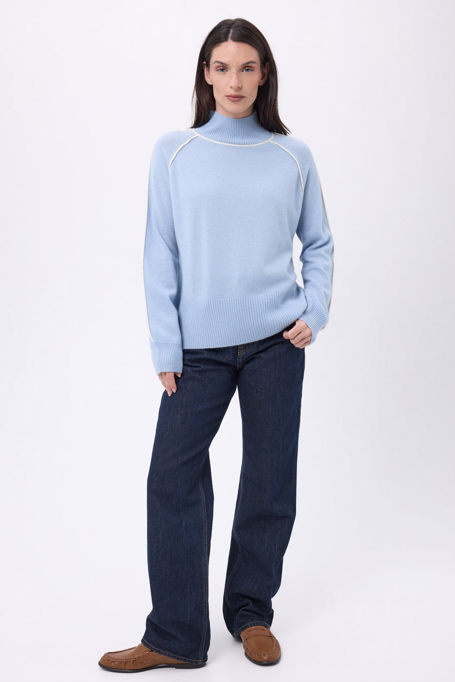 Megan Contrast High-Neck Jumper - Sky Blue White - Women