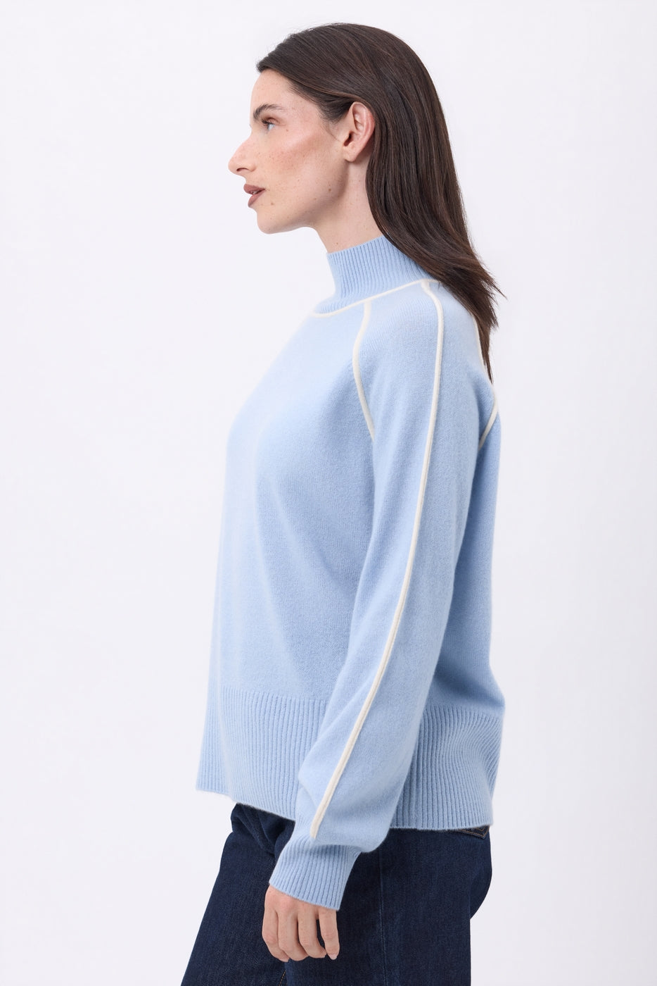 Megan Contrast High-Neck Jumper - Sky Blue White - Women