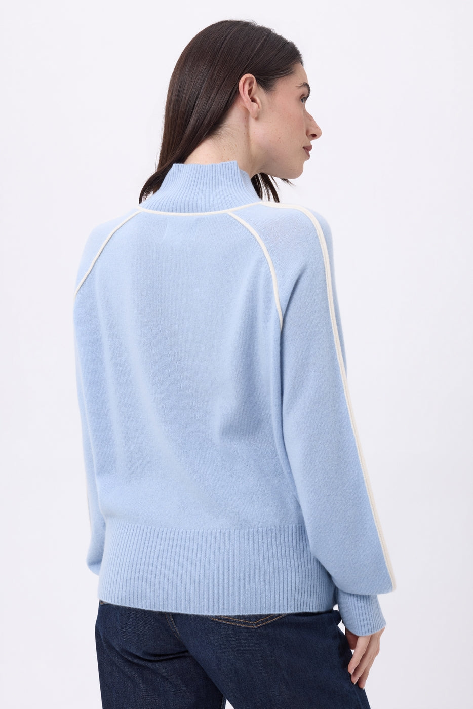 Megan Contrast High-Neck Jumper - Sky Blue White - Women
