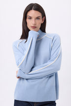 Megan Contrast High-Neck Jumper - Sky Blue White - Women