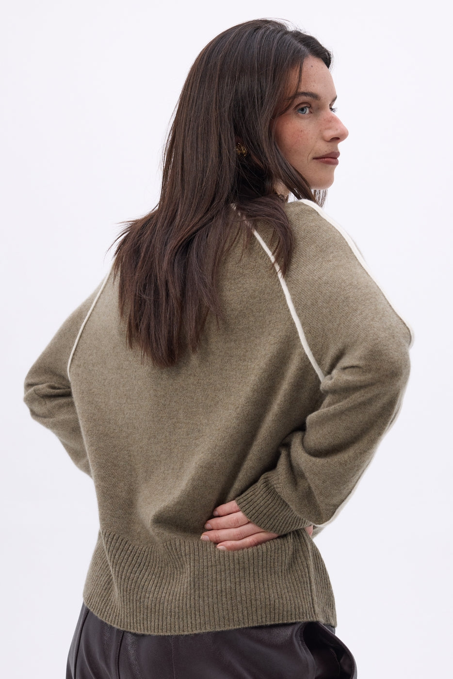 Pull Col Montant Contraste Megan - Khaki Chine Blanc - Femme