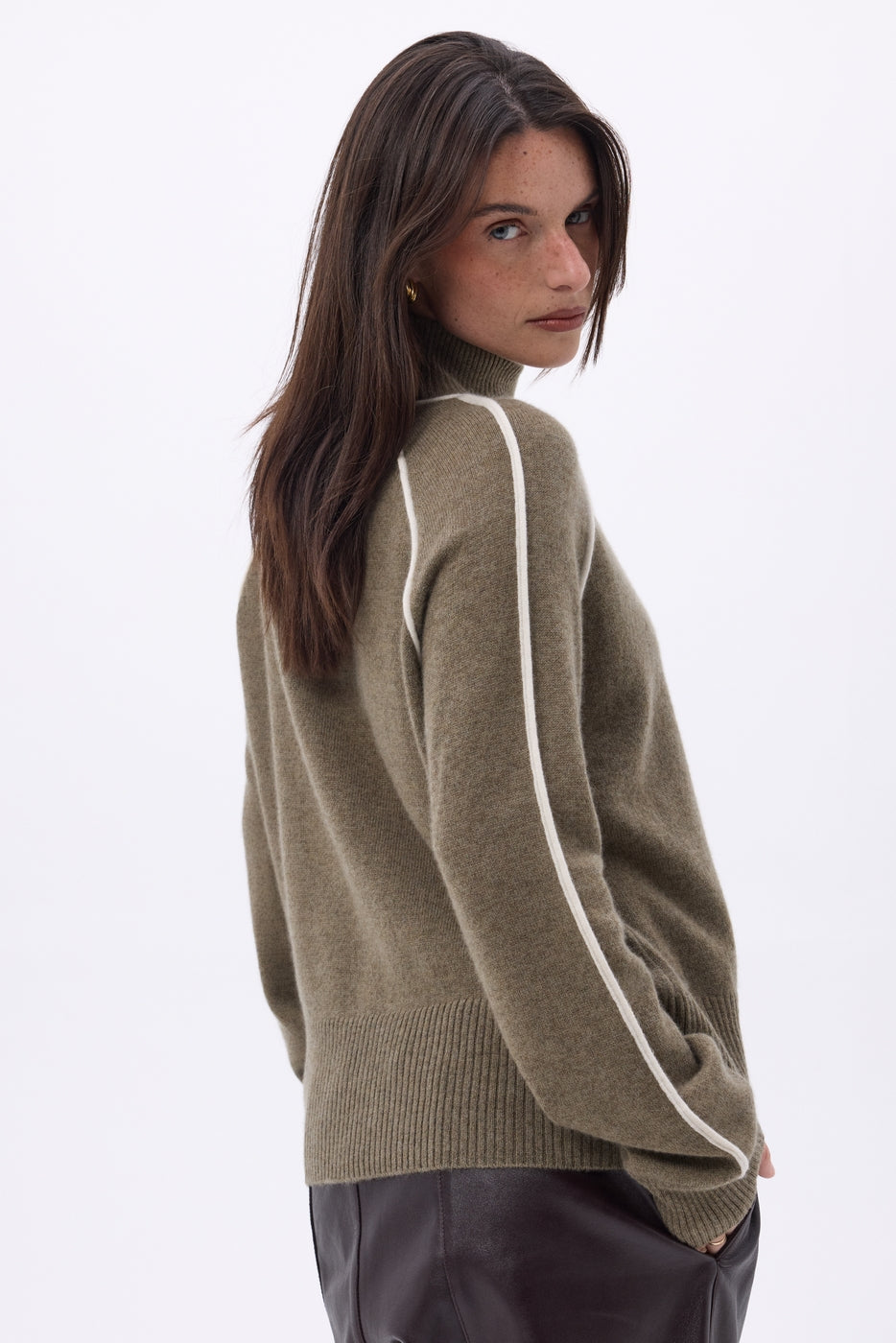 Pull Col Montant Contraste Megan - Khaki Chine Blanc - Femme