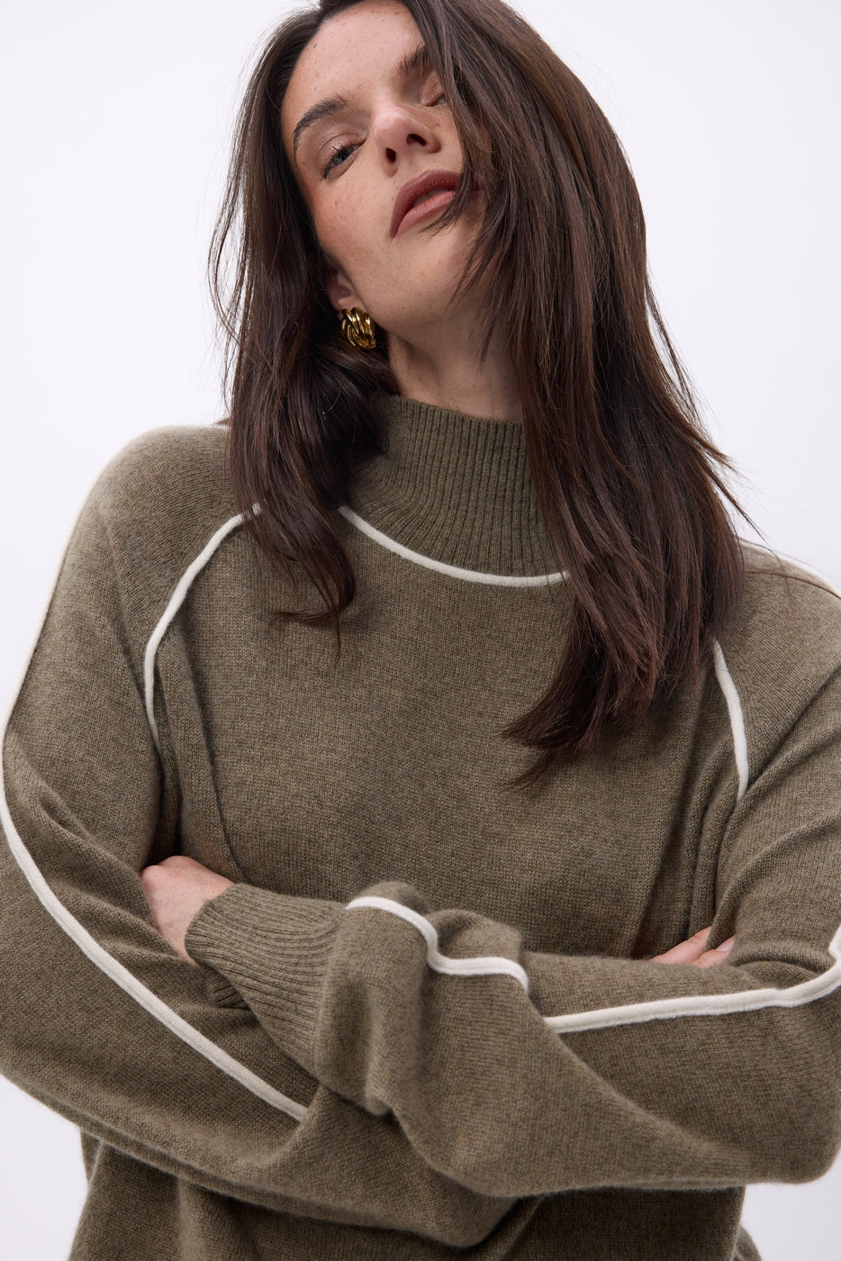 Pull Col Montant Contraste Megan - Khaki Chine Blanc - Femme