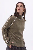 Pull Col Montant Contraste Megan - Khaki Chine Blanc - Femme