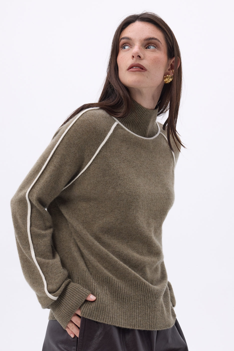 Pull Col Montant Contraste Megan - Khaki Chine Blanc - Femme