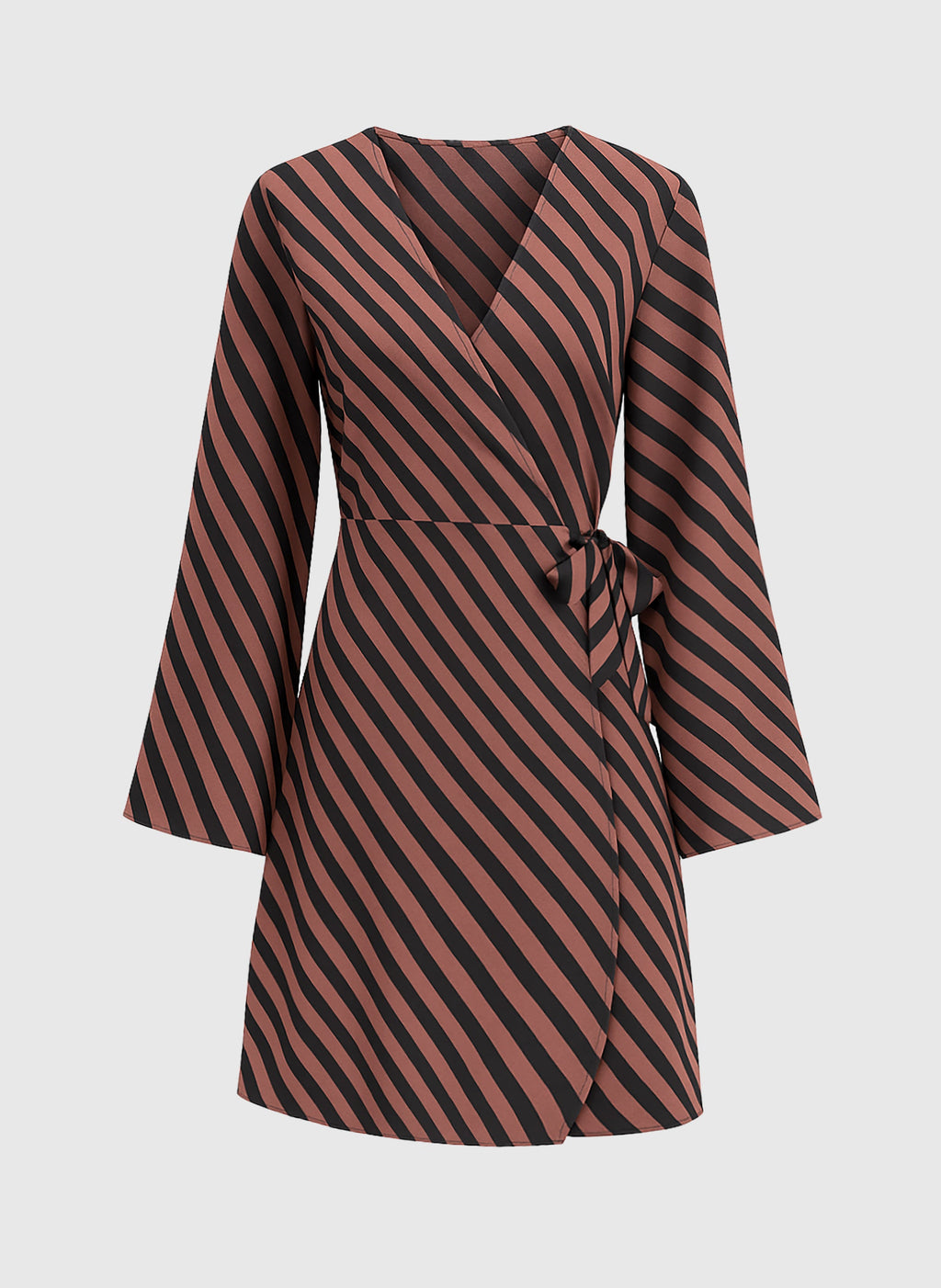 An'ge – Robe Courte Metaly Stipe Chocolat, abito a portafoglio marrone e nero a righe diagonali, maniche svasate