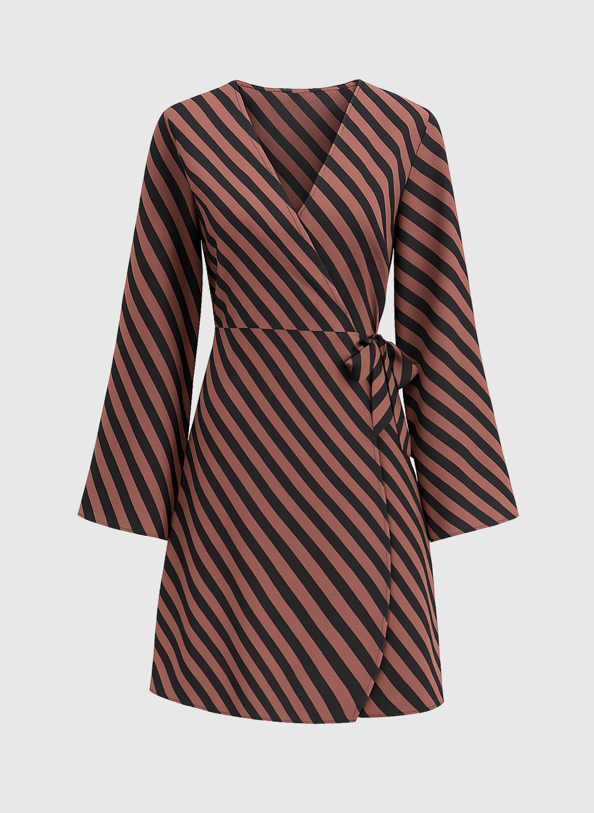 An'ge – Robe Courte Metaly Stipe Chocolat, abito a portafoglio marrone e nero a righe diagonali, maniche svasate